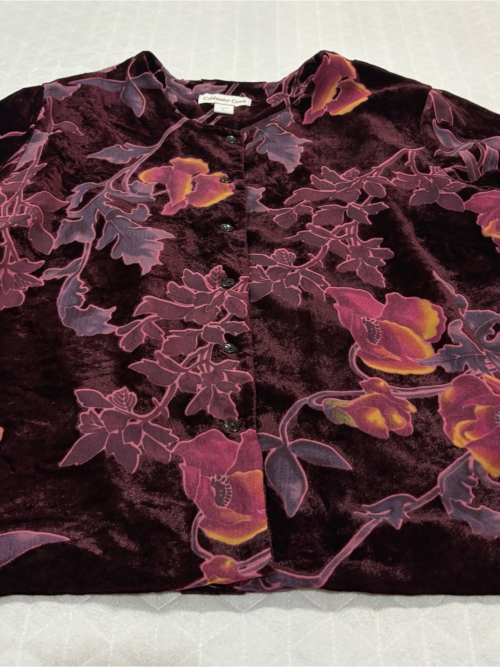 VTG Coldwater Creek Button Down Top Sz L Burgundy Pink Velvet Burnout Long Sleev - Picture 3 of 15
